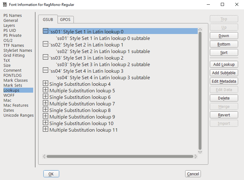 Inspecting the "Lookup" tab in FontForge